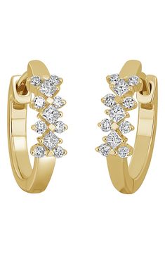 These high-polish hoop earrings are handcrafted from 18-karat gold with 22 circular and princess-cut diamonds. 1/2" hoop diameter; 1/8" width Hinge with snap-post closure Total diamond weight: 0.24ct. Color: G Clarity: VS 18k gold/diamond Imported >Diamond Guide Small Hoop Diamond Earrings In Yellow Gold, Formal 14k Gold Hoop Earrings With Single Cut Diamonds, Small Diamond Hoop Earrings For Formal Occasions, Gold Princess Cut Earrings For Formal Occasions, Gold Princess Cut Earrings For Formal Events, Formal Fine Jewelry Huggie Earrings With Halo Design, Formal Gold Huggie Earrings With Halo Design, Formal Small Hoop Huggie Earrings With Diamond Accents, Formal Small Hoop Diamond Earrings, Fine Jewelry