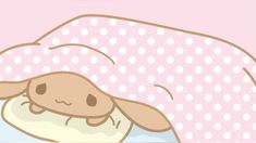 a cartoon sheep laying in bed under a pink and white blanket with its head on the pillow