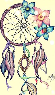 a drawing of a dream catcher with flowers and feathers