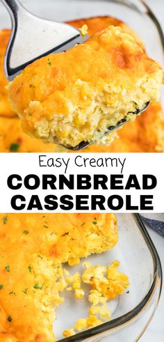 a spoon full of cornbread casserole on top of a white plate with the words easy creamy cornbread casserole