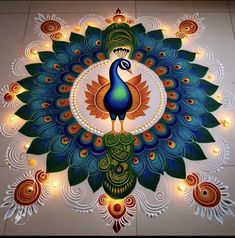 a peacock is on the floor with lights around it