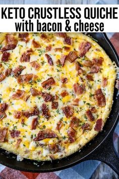 keto crustless quiche with bacon and cheese in a cast iron skillet