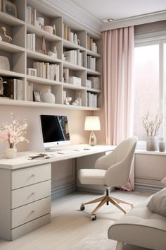 a white desk and chair in front of a large window with bookshelves on the wall