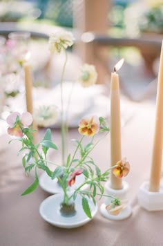 three candles sitting on top of white plates with flowers in the vases next to them