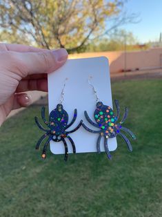 Black Glitter Spider Earrings Handmade Big Holographic Resin - Etsy Fun Handmade Black Earrings, Handmade Fun Black Earrings, Green Earrings For Halloween Gift, Multicolor Halloween Earrings For Gift, Multicolor Halloween Earrings Gift, Fun Black Hypoallergenic Earrings, Black Hypoallergenic Fun Earrings, Spider Earrings, Gothic Gifts