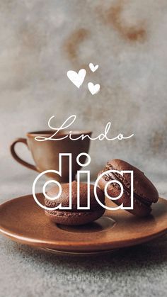 two chocolate donuts sitting on top of a brown plate next to a coffee cup