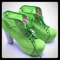 Jeffrey Campbell Lime Green Mesh Litas. No Box. There Is A Pen Mark On The Front As Seen In Photo. And There Are Two Scuffs /Scratches/ Peeling On The Front Near The Pen Mark. The Green Faux Leather Trim Is Cracking And Peeling All Around And So Are The Shoe Laces. Sold As Is. There Are Flaws. Please Look At All Photos. Priced Low Because Of Flaws. Green Lace-up Heels In Synthetic Material, Green Lace-up Synthetic Heels, Pearl Boots, Jeffrey Campbell Boots, Platform Heels Boots, Chelsea Rain Boots, Western Booties, The Pen, A Pen