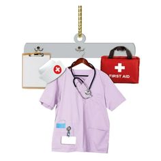 a medical kit hanging on a wall with a clipboard and stethoscope