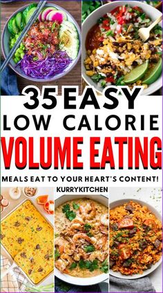 Looking to eat more while staying fit? Check out these 35  low-calorie volume recipes that keep you full without the extra calories! Perfect for anyone who loves big portions but wants to eat healthy! Low Calorie Carbohydrates, 200 Calorie Lunch Ideas, Healthy Low Calorie Meal Prep Recipes, Healthy High Volume Low Calorie Meals, 400 Calories Meals, Low Cal Whole Food Recipes, Low Cal Meals For One, Volume Eating Recipes Dinner, Hi Volume Low Calorie Meals