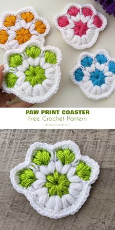 crochet pattern for flower coasters with text overlay that reads, paw print coaster free crochet pattern