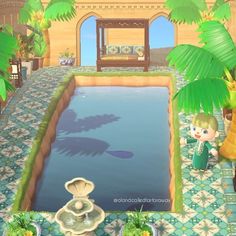 an animal crossing game with a pool and palm trees in the foreground, and a person standing near it