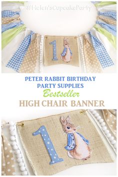 a birthday banner with the number one for peter rabbit's 1st birthday party supplies