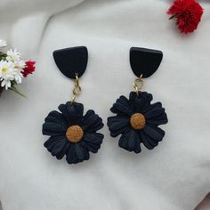 Fall Collection| Black and Brown Flower 18k Plated Studs Handcrafted From Non-toxic Polymer Clay Handmade Black Polymer Clay Earrings, Handmade Black Drop Earrings, Black Polymer Clay Jewelry With Matching Earrings, Handmade Black Drop Flower Earrings, Handmade Adjustable Black Flower Earrings, Black Flower Drop Earrings For Gift, Elegant Black Polymer Clay Jewelry, Black Flower-shaped Earrings For Gift, Black Flower Shaped Earrings For Gift