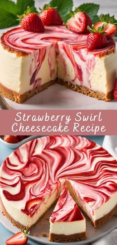 strawberry swirl cheesecake recipe with fresh strawberries on top