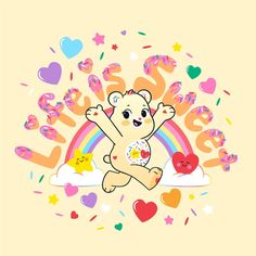 a teddy bear sitting on top of a cloud surrounded by hearts and confetti