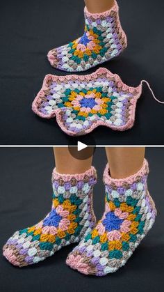 crocheted slippers with flowers are shown in two different views, one is pink and the other is blue