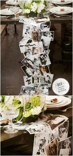 the table is set with photos and flowers