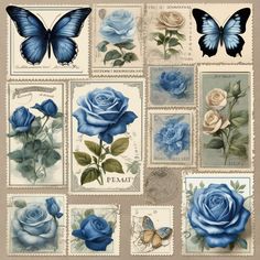 blue roses and butterflies are on stamps with the words,'i love you '