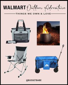 an advertisement for the walmart outdoor adventure, featuring camping gear and firepits