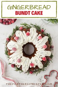 a gingerbread bundt cake with white frosting and sprinkles on top