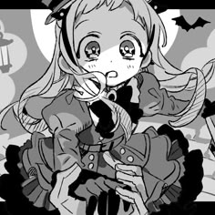 a black and white drawing of a girl in a witch costume with bats around her