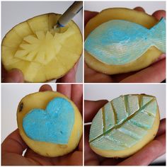 four pictures show how to decorate cookies in the shape of leaves and heart shapes with fondant icing