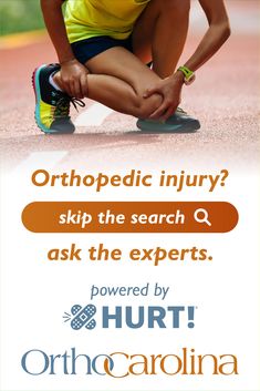 an ad for orthopedic injury, showing a woman in yellow shirt crouching down