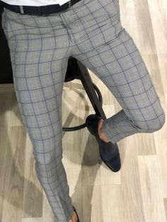 Ferra Slim Fit Plaid Pants in Blue-baagr.myshopify.com-Pants-BOJONI Casual Suits, Pants Collection, Summer 19, Formal Mens Fashion, Gray Pants, Jeans Fashion, Black Men Fashion, Casual Suit, Plaid Pants