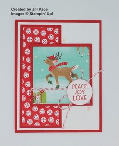 a close up of a card with a reindeer on it and a tag that says peace joy love