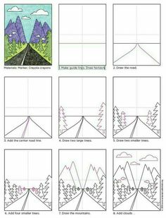 how to draw mountains and trees with pencils in the style of an origami