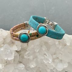 "Soft and Elegant Cork\"Leather \"sustainably harvested in Portugal. Perfect Eco Jewelry for Vegans or anyone who wants a unique piece of Jewelry in a choice of colors. Finished with a Turquoise Magnesite Gemstone. Wonderful Secure Clasp that you can open and close easily all by yourself!! Great Gift for Men,Women or Kids. A Bracelet designed for Everyday Wear-only not in the shower,please! Jewelry comes boxed, ready for gifting. 2 sizes... *small-6 5/8\" *medium-7 1/8\" *large-7 5/8\" Measure y Adjustable Minimalist Bracelet With Leather Strap, Adjustable Double Band Jewelry With Leather Strap, Adjustable Double Band Leather Strap Jewelry, Leather Strap Double Band Bracelets Ideal For Gifts, Adjustable Leather Strap Friendship Bracelets, Adjustable Leather Strap Bracelets For Friendship, Adjustable Leather Strap Friendship Bracelet, Double Band Leather Strap Bracelets As Gift, Double Band Bracelets With Leather Strap As Gift