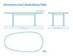 the measurements for an oval dining table are shown in blue and white, with two tables on each side