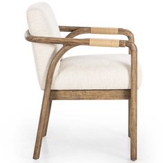 the arm chair is made out of wood and has a white upholstered seat