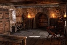 this is an image of a room with stone walls and wood flooring in it