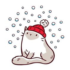 a white cat wearing a red hat sitting on the ground with bubbles coming out of it