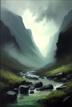 a painting of a mountain stream in the middle of a valley with grass and rocks