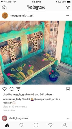 an old wooden bench painted green and decorated with cactus designs is on instagrams