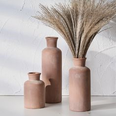 three clay vases with dried grass in them