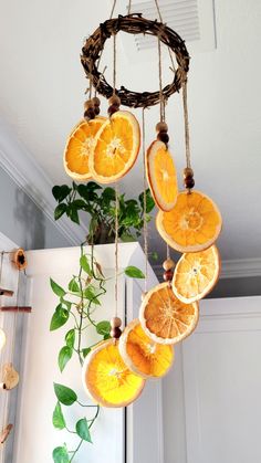 an orange slice hanging from a rope with leaves and other fruit slices on the strings