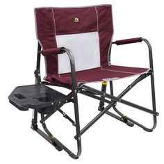 a maroon and white folding chair with a cup holder attached to it's seat