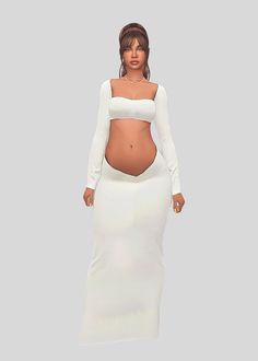 a pregnant woman wearing a white dress with long sleeves and high slits, standing in front of a gray background