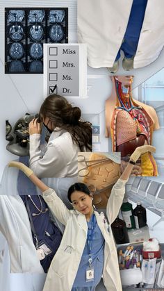 a collage of medical images with an image of a woman holding her head in the air