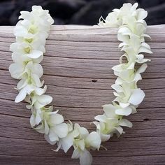 white flowers are arranged in the shape of a letter v on a piece of wood