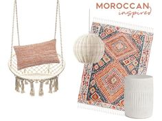 an advertisement for moroccan inspired furniture and accessories, including a hanging chair with tassels