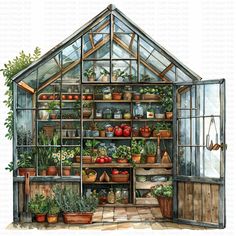 a painting of a greenhouse filled with potted plants