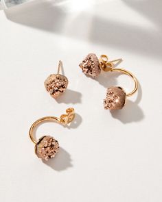 Elevate your style with our essential Cosmic Front-Back Earring. This versatile piece, featuring rose gold-toned druzy quartz, is designed for adaptability. Wear it as a complete front-back earring, opt for the single post, or mix and match the back ear jacket with other posts or hoop earrings from your collection. While each pair is distinct, each exudes a captivating allure. A longtime favorite, now available in a refreshing color update. Front Back Earrings, Outfit Jewelry, Druzy Quartz, Ear Jacket, 14kt Gold, Stone Earrings, Mix And Match, Gemstone Earrings, Druzy