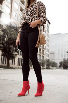 Red Boot Heels Outfit, Red Boots Outfit Ankle, Styling Red Shoes, Outfit For Comedy Show, Red Shirt Outfit Ideas, Red Ankle Boots Outfit, Red Booties Outfit, Red Boots Outfit