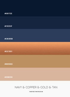 the color scheme for navy and copper is shown in three different colors, including blue, brown