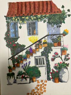 a drawing of a house with potted plants on the balcony and steps leading up to it