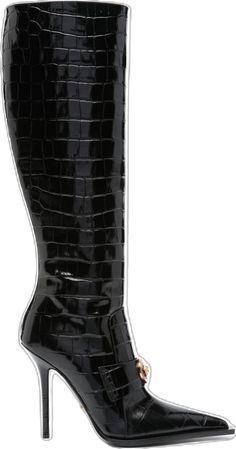 Leather Boots Black, Black Leather Boots, Boots Black, Embossed Leather, Calf Leather, Leather Boots, Stiletto Heels, Versace, Fashion Branding